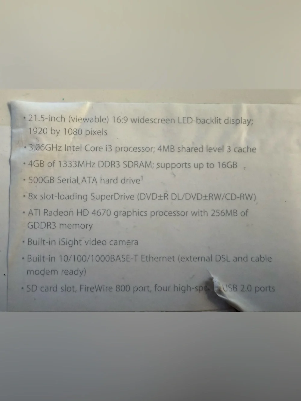 Apple Printed Specifications Sheet in Black on White